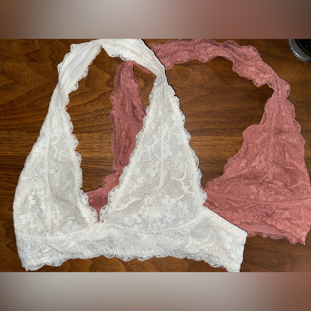 2 free people intimately lace halter bras  bralette cream white and salmon peach
